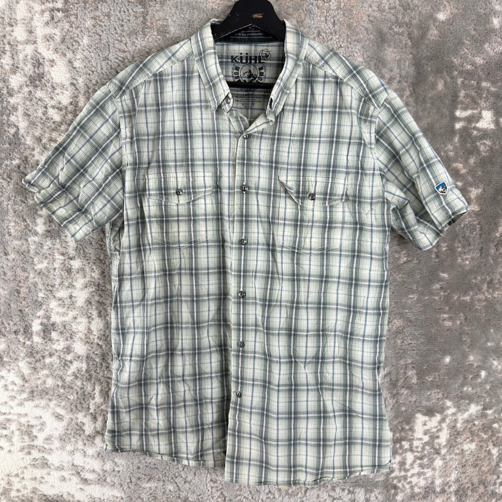 KUHL Size Large Plaid Mountain Grown Outdoor Button Up Shirt Green SS Men